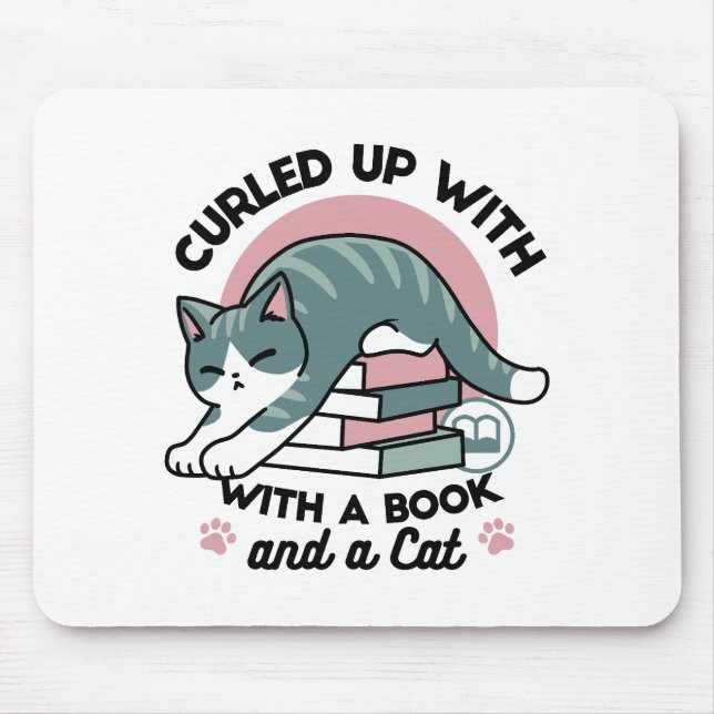 Curled Up with a Book and a Cat - Cosy Cat Reading Mouse Pad (Front)