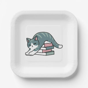 Curled Up with a Book and a Cat - Cosy Cat Reading Paper Plate