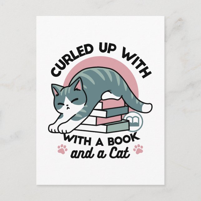 Curled Up with a Book and a Cat - Cosy Cat Reading Postcard (Front)