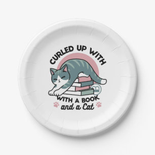 Curled Up with a Book and a Cat - Cozy Cat Reading Paper Plate