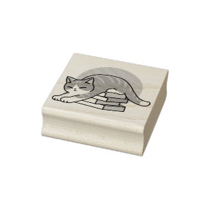 Curled Up with a Book and a Cat - Cozy Cat Reading Rubber Stamp