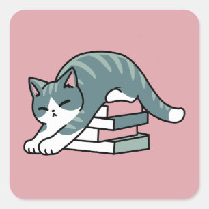 Curled Up with a Book and a Cat - Cozy Cat Reading Square Sticker