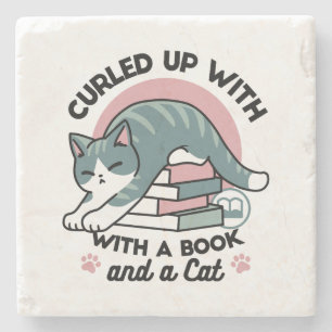Curled Up with a Book and a Cat - Cozy Cat Reading Stone Coaster