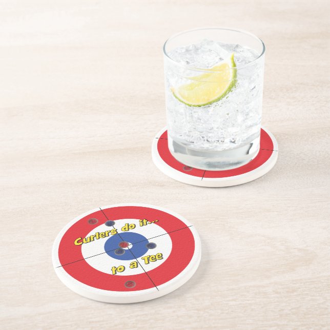 "Curlers do it to a Tee" Sandstone Coaster - (Red) (Side)
