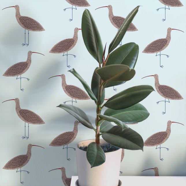 Curlew Bird Coastal Pattern Wallpaper (Curlew coastal bird pale blue art peel and stick wallpaper)