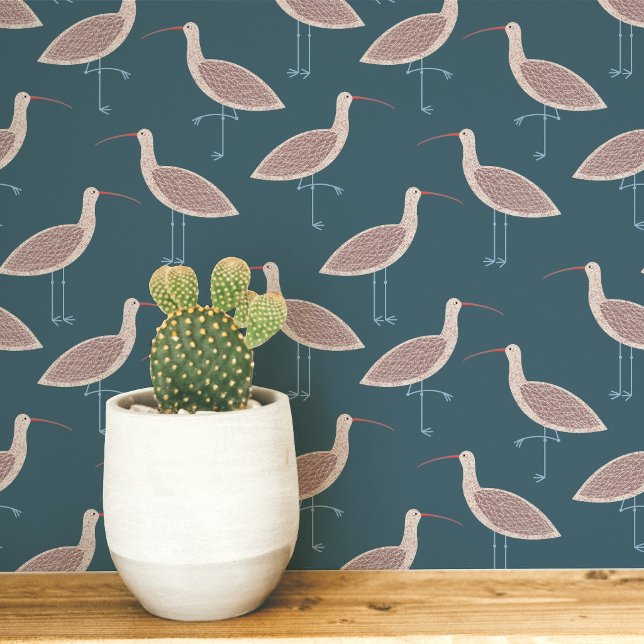 Curlew Bird Coastal Pattern Wallpaper (Curlew coastal bird teal green art peel and stick wallpaper)