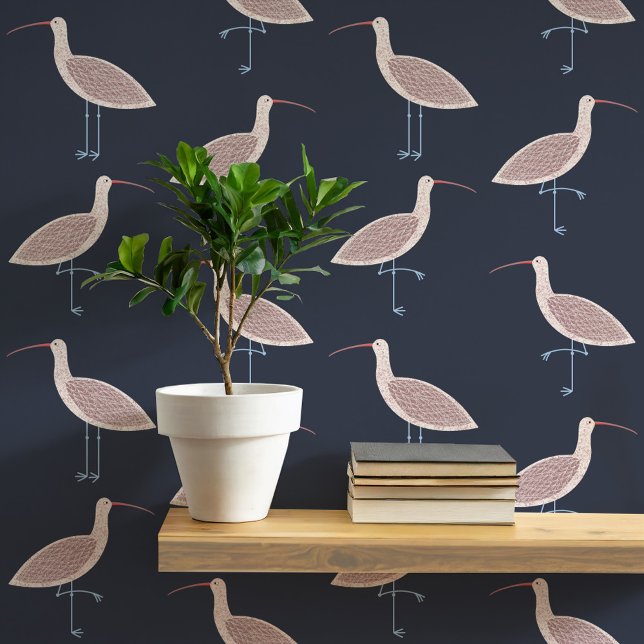 Curlew Bird Coastal Pattern Wallpaper (Curlew coastal bird pattern dark charcoal gray art peel and stick wallpaper)