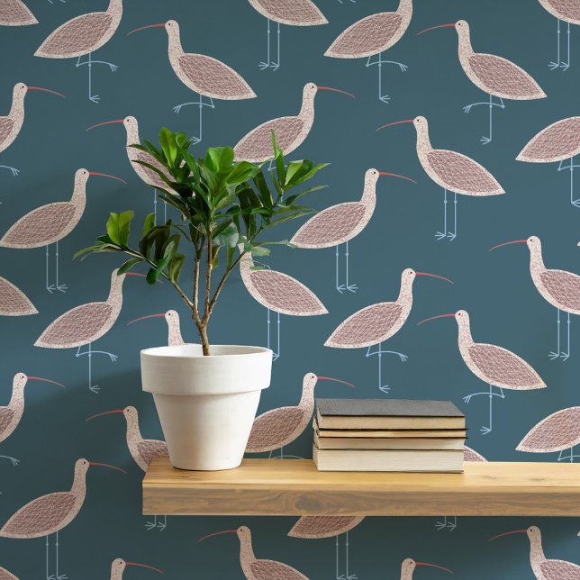 Curlew Bird Coastal Pattern Wallpaper (Curlew coastal bird teal green art peel and stick wallpaper)