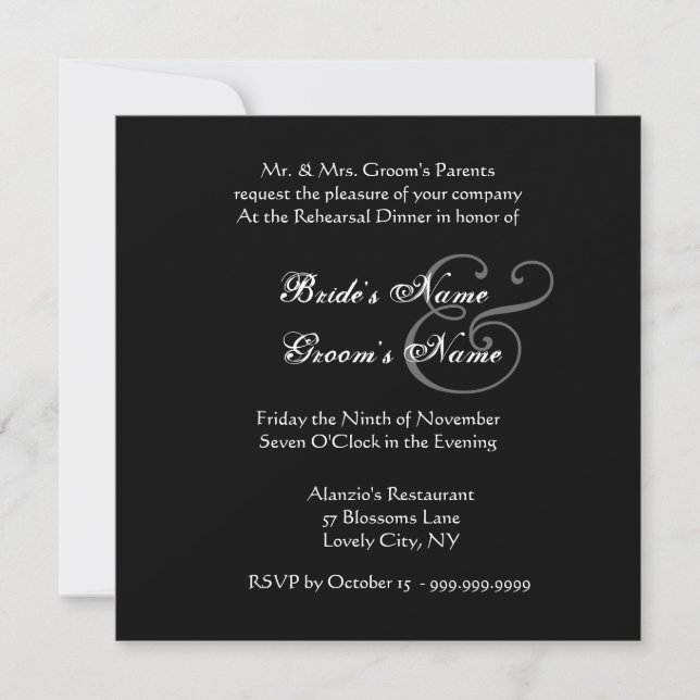 Curlicue Black and White Wedding Rehearsal Dinner Invitation (Front)