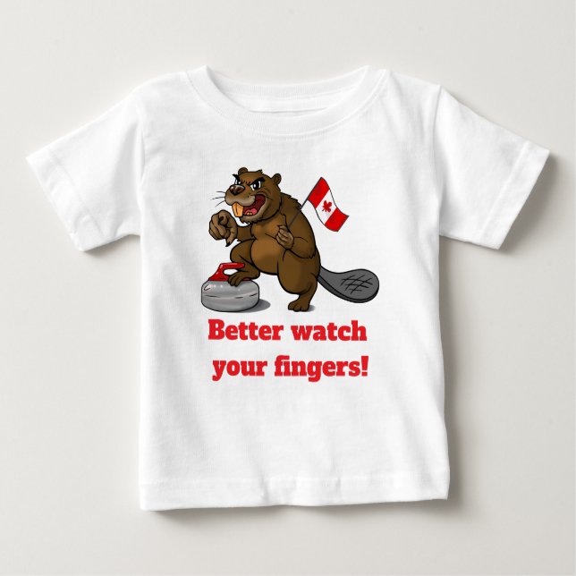 Curling beaver with flag baby T-Shirt (Front)