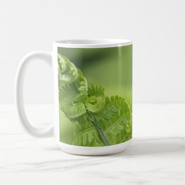 Curling Fern Leaves, Greenery, Blurred Background Coffee Mug (Left)
