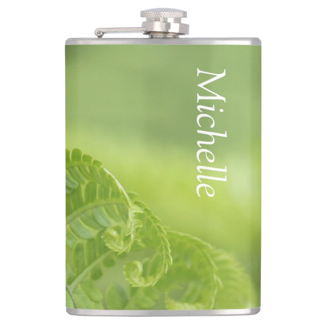Curling Fern Leaves, Greenery, Blurred Background Hip Flask (Front)