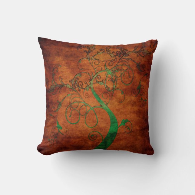 Curling Green Vines on Rustic Brown Cushion (Front)