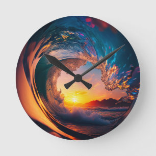 Curling Ocean Wave at a Golden Sunset Round Clock