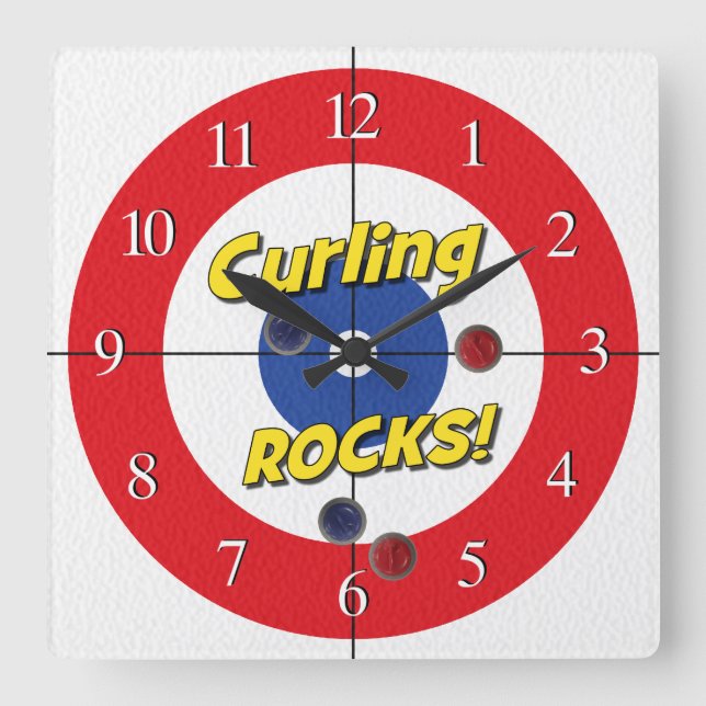 "Curling ROCKS!" Curler's Clock - (Red) (Front)