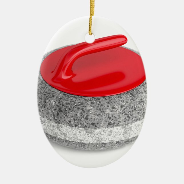 Curling stone on white ceramic ornament (Front)