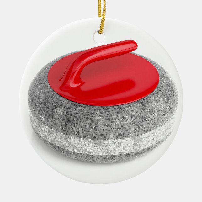 Curling stone on white ceramic ornament (Front)