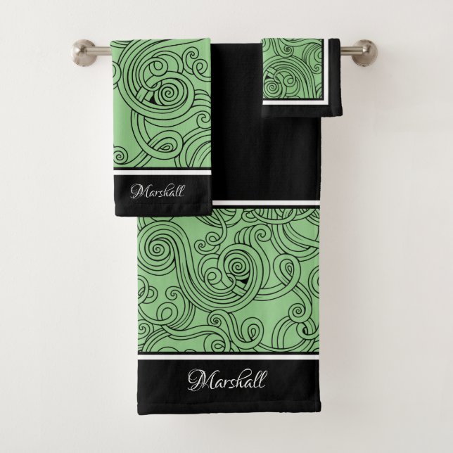 Curls Design Green Black White Bath Towel Set (Insitu)