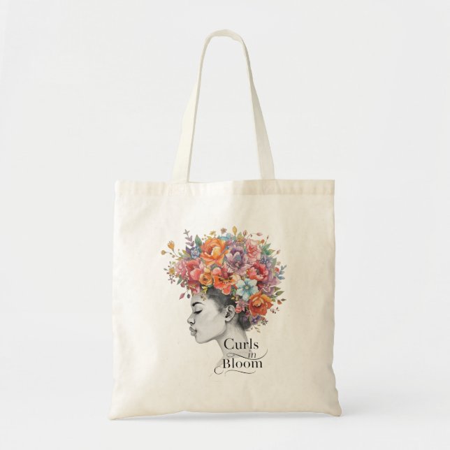 "Curls in Bloom" Spring Floral Custom Graphic Tote Bag (Front)
