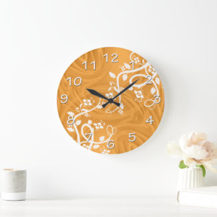 Curls Over Orange With Filigree & Floral Large Clock