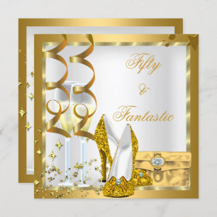 Curly 50 & Fantastic White Gold Birthday Party Invitation