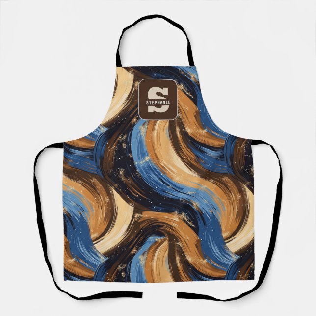 Curly Abstract Brushstrokes in Blue & Brown Apron (Front)
