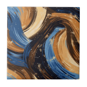 Curly Abstract Brushstrokes in Blue & Brown Ceramic Tile