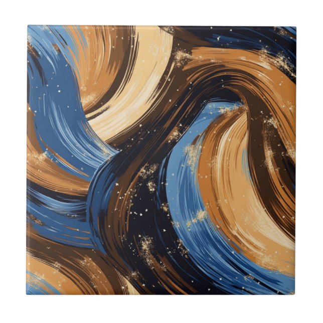 Curly Abstract Brushstrokes in Blue & Brown Ceramic Tile (Front)