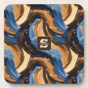 Curly Abstract Brushstrokes in Blue & Brown Coaster