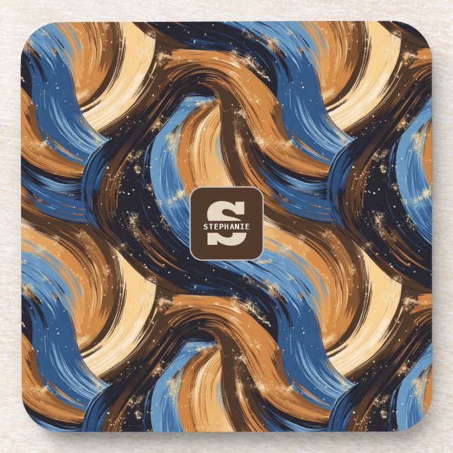 Curly Abstract Brushstrokes in Blue & Brown Coaster (Front)