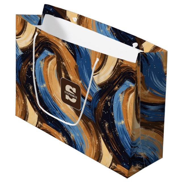 Curly Abstract Brushstrokes in Blue & Brown Large Gift Bag (Front Angled)