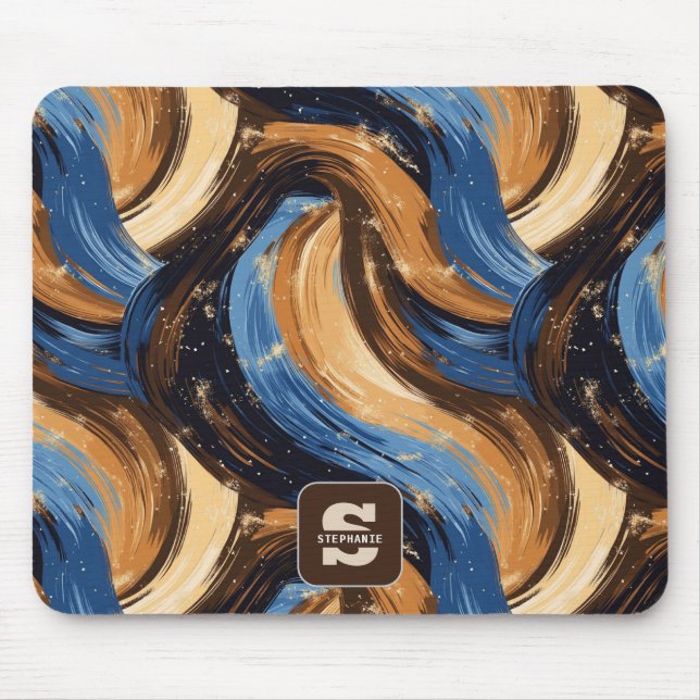 Curly Abstract Brushstrokes in Blue & Brown Mouse Pad (Front)