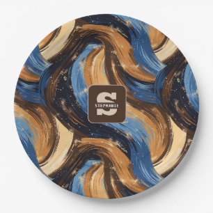 Curly Abstract Brushstrokes in Blue & Brown Paper Plate