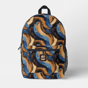 Curly Abstract Brushstrokes in Blue & Brown Printed Backpack
