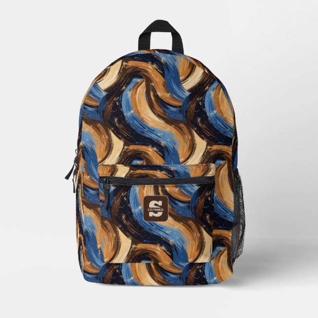 Curly Abstract Brushstrokes in Blue & Brown Printed Backpack (Front)