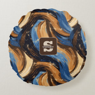 Curly Abstract Brushstrokes in Blue & Brown Round Cushion