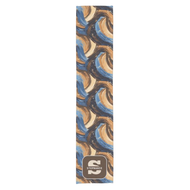 Curly Abstract Brushstrokes in Blue & Brown Short Table Runner (Front)