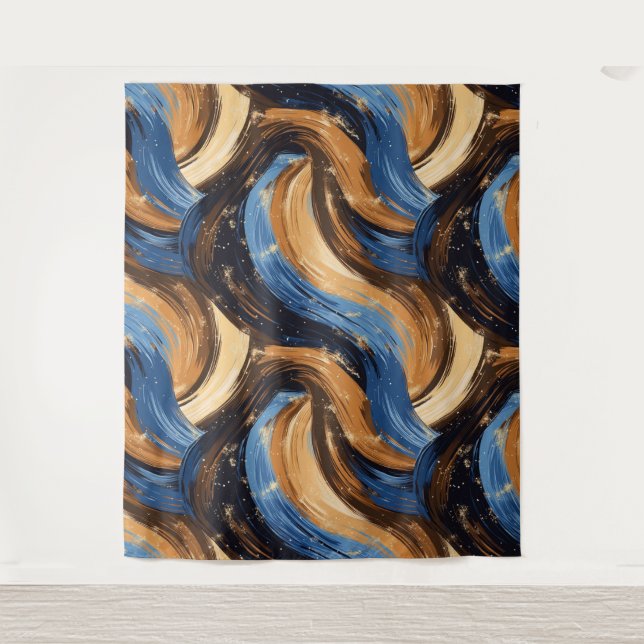Curly Abstract Brushstrokes in Blue & Brown Tapestry (Front)