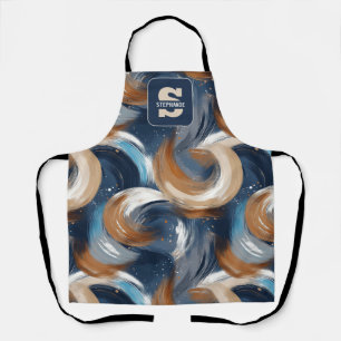 Curly Abstract Brushstrokes in Blue, White & Brown Apron