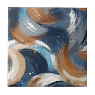 Curly Abstract Brushstrokes in Blue, White & Brown Ceramic Tile