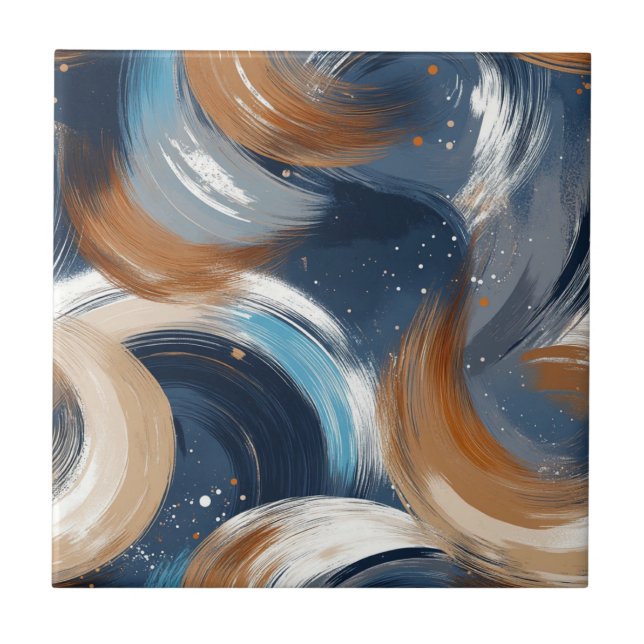 Curly Abstract Brushstrokes in Blue, White & Brown Ceramic Tile (Front)