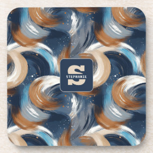 Curly Abstract Brushstrokes in Blue, White & Brown Coaster