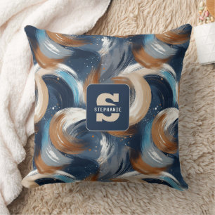 Curly Abstract Brushstrokes in Blue, White & Brown Cushion