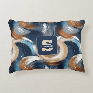Curly Abstract Brushstrokes in Blue, White & Brown Decorative Cushion