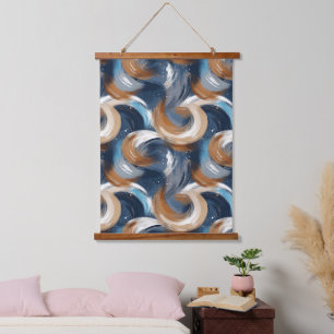 Curly Abstract Brushstrokes in Blue, White & Brown Hanging Tapestry