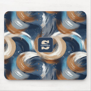 Curly Abstract Brushstrokes in Blue, White & Brown Mouse Pad