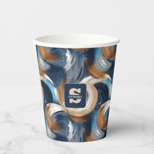 Curly Abstract Brushstrokes in Blue, White & Brown Paper Cups