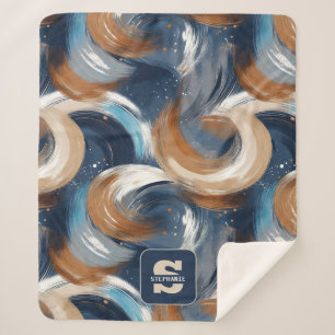 Curly Abstract Brushstrokes in Blue, White & Brown Sherpa Blanket