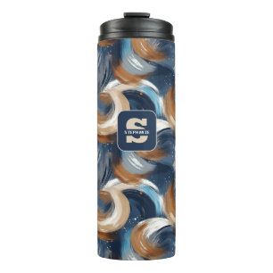 Curly Abstract Brushstrokes in Blue, White & Brown Thermal Tumbler