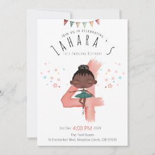 Curly Ballerina 4th Birthday Girl Invitation